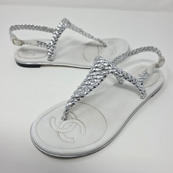 CHANEL Shoes - Chanel CC Logo Braided Metallic Leather Thong Sandals White Silver IT 37.5 US 7